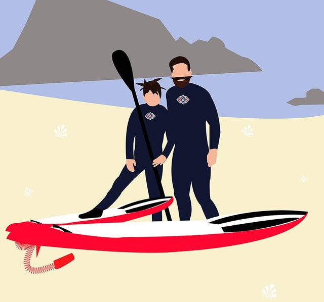 Illustration père et fils en combinaison clovis saint jacques wetsuits