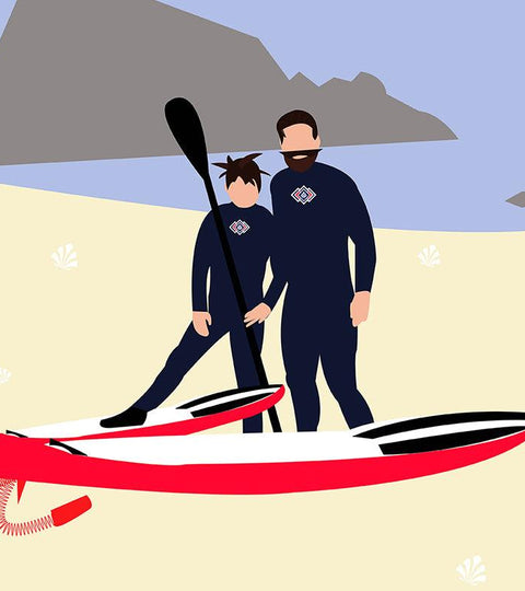 Illustration père et fils en combinaison clovis saint jacques wetsuits